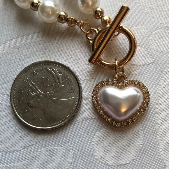 Pearl Goldtone Beads Heart Rhinestone Toggle Necklace - Picture 3 of 8